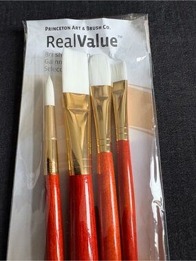 RealValue Paint Brush Set of 4  - Long Handles, Gold Ferrules, White Bristles
